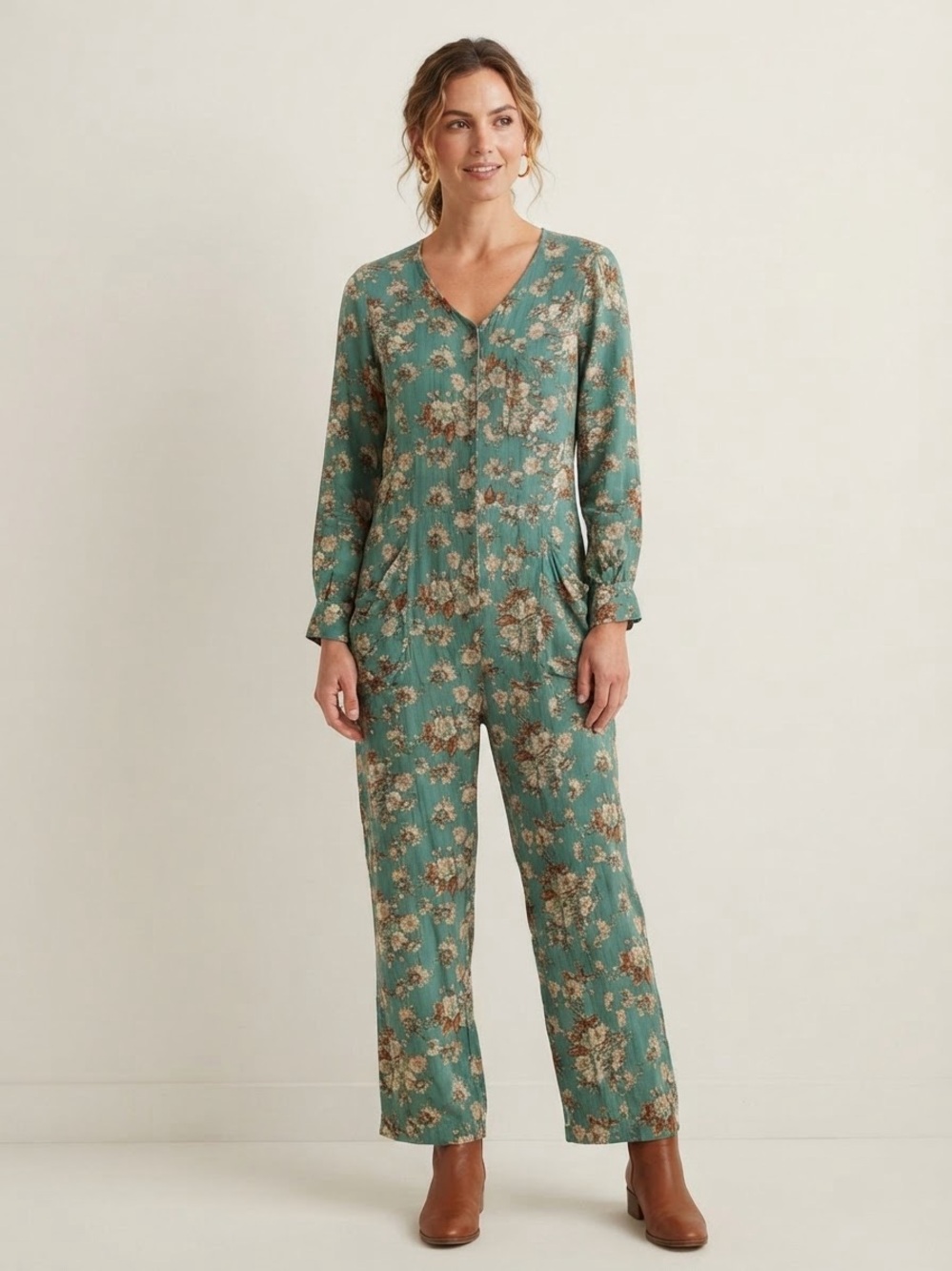 April Cornell Sz M Green Ditsy Floral Cottagecore Boho Relaxed Jumpsuit